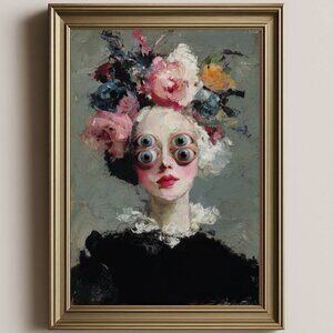 8.5x11 Surreal Gothic Portrait Painting | Multi-Eyed Woman with Floral Crown